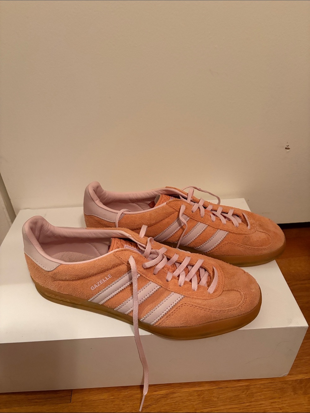 adidas Gazelle Women's Peach Suede Sneakers with White Stripes